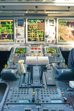 LINATE, ITALY - CIRCA NOVEMBER, 2017: Interior Shot Of Alitalia Cityliner Embraer ERJ-175STD Cockpit.