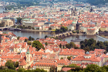 Fototapeta na wymiar Aerial view of Charles Bridge over Vltava river and Old city. Prague, Czech Republic