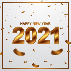 happy new year 2021 and celebrate with golden metal text and flying confetti.