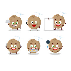 Cartoon character of brown coconut with various chef emoticons
