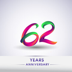 62nd anniversary celebration logotype green and red colored. ten years birthday logo on white background.
