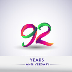 92nd anniversary celebration logotype green and red colored. ten years birthday logo on white background.