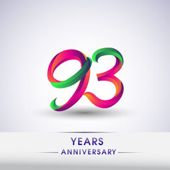 93rd anniversary celebration logotype green and red colored. ten years birthday logo on white background.