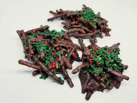 Chocolate haystack, made with 'chow mein' noodles and dipped with chocolates and sprinkles