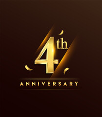 4th anniversary glowing logotype with confetti golden colored isolated on dark background, vector design for greeting card and invitation card.