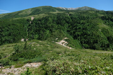北アルプスの絶景トレイル。日本の雄大な自然。百名山、薬師岳、黒部五郎岳。Amazing trekking area in Japanese North Alps. Mt.Yakusidake, Mt.Kurobegorodake