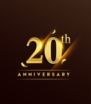 20th anniversary glowing logotype with confetti golden colored isolated on dark background, vector design for greeting card and invitation card.