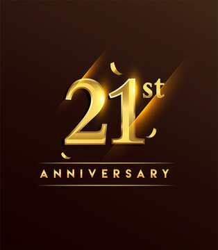 21st anniversary glowing logotype with confetti golden colored isolated on dark background, vector design for greeting card and invitation card.