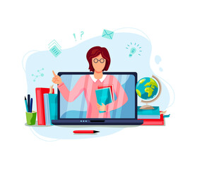 Online education, home schooling concept. Female teacher on laptop screen. Vector illustration isolated on white background. Flat cartoon style design.