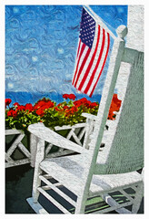 Red Geraniums, American Flag and Rocking Chair Painting