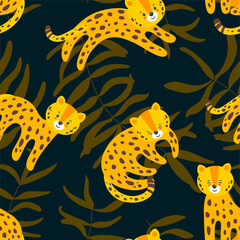 Jungle seamless pattern with dynamic leopards in dark blue background. Tropical vector illustration in flat style