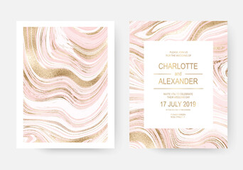 Pink marble celebration invitation design cards with gold waves.