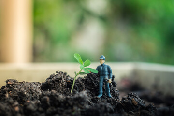 Miniature people team works to inspect and plant trees for a green world project. (We plant trees for a better world)