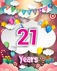 21st Birthday Celebration greeting card Design, with clouds and balloons.
