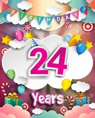 24th Birthday Celebration greeting card Design, with clouds and balloons.