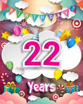 22nd Birthday Celebration greeting card Design, with clouds and balloons.