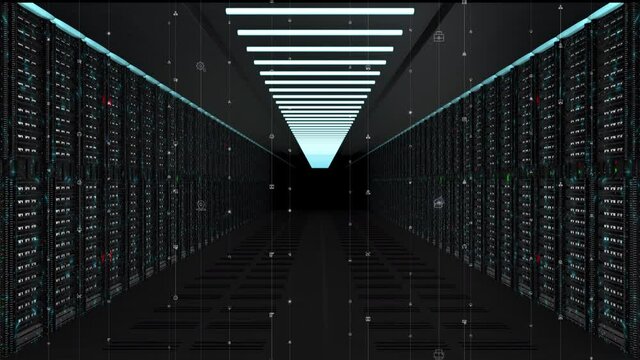 Digital data network servers in a server room of a data center or ISP with Electric circuit high speed data transfer, Moving the camera forward, 4K high quality animation