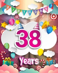 38th Birthday Celebration greeting card Design, with clouds and balloons.