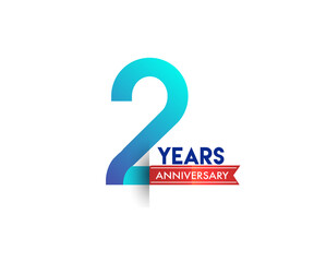 2nd Anniversary celebration logotype blue colored with red ribbon, isolated on white background.