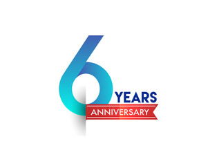 6th Anniversary celebration logotype blue colored with red ribbon, isolated on white background.