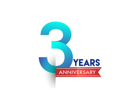 3rd Anniversary celebration logotype blue colored with red ribbon, isolated on white background.
