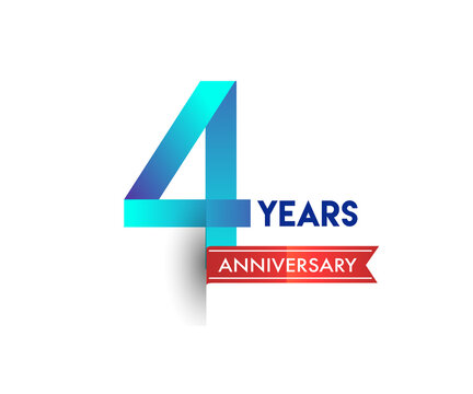 4th Anniversary celebration logotype blue colored with red ribbon, isolated on white background.