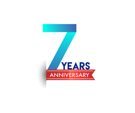 7th Anniversary celebration logotype blue colored with red ribbon, isolated on white background.