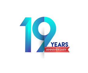 19th Anniversary celebration logotype blue colored with red ribbon, isolated on white background.