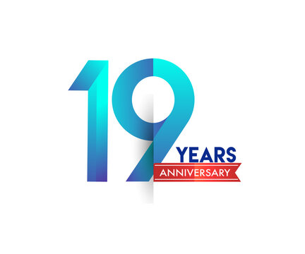 19th Anniversary celebration logotype blue colored with red ribbon, isolated on white background.