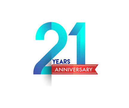 21st Anniversary celebration logotype blue colored with red ribbon, isolated on white background.