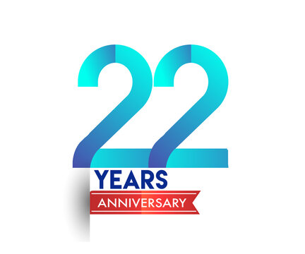 22nd Anniversary celebration logotype blue colored with red ribbon, isolated on white background.