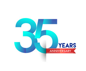 35th Anniversary celebration logotype blue colored with red ribbon, isolated on white background.