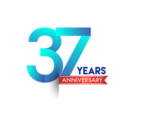 37th Anniversary celebration logotype blue colored with red ribbon, isolated on white background.