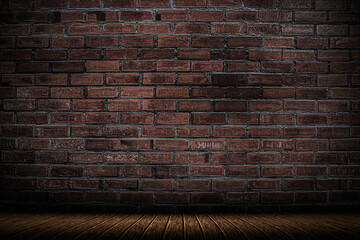 The old brick wall on the wooden floor vintage texture background.
