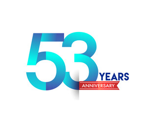 53rd Anniversary celebration logotype blue colored with red ribbon, isolated on white background.