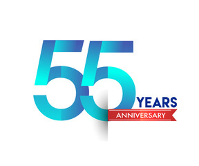55th Anniversary celebration logotype blue colored with red ribbon, isolated on white background.