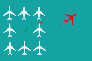 Airplanes and a red one symbolizing a different approach on blue background.