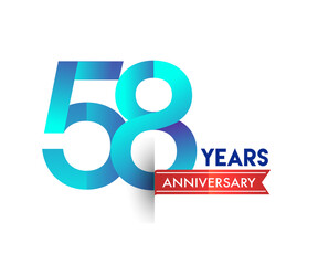 58th Anniversary celebration logotype blue colored with red ribbon, isolated on white background.
