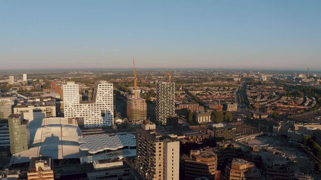 Stunning Landscape Of Utrecht City With Dom Tower Or Central Train Station - Empty  Diu To Coronavirus Lockdown Measures  In The Netherlands. - aerial drone shot