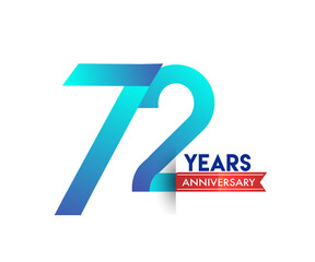 72nd Anniversary celebration logotype blue colored with red ribbon, isolated on white background.