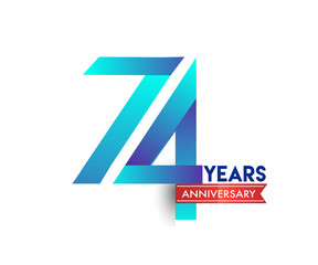 74th Anniversary celebration logotype blue colored with red ribbon, isolated on white background.