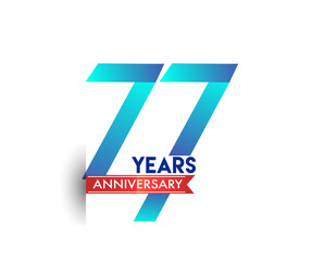 77th Anniversary celebration logotype blue colored with red ribbon, isolated on white background.