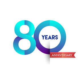 80th Anniversary celebration logotype blue colored with red ribbon, isolated on white background.