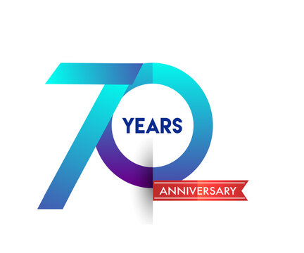 70th Anniversary celebration logotype blue colored with red ribbon, isolated on white background.