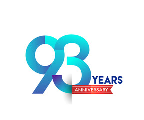 93rd Anniversary celebration logotype blue colored with red ribbon, isolated on white background.