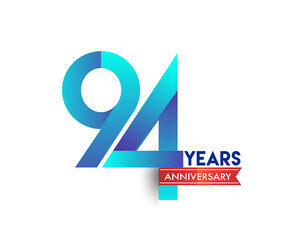 94th Anniversary celebration logotype blue colored with red ribbon, isolated on white background.