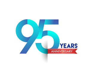 95th Anniversary celebration logotype blue colored with red ribbon, isolated on white background.