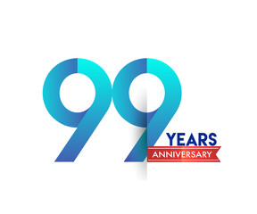 99th Anniversary celebration logotype blue colored with red ribbon, isolated on white background.