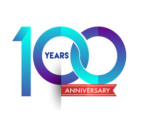 100th Anniversary celebration logotype blue colored with red ribbon, isolated on white background.