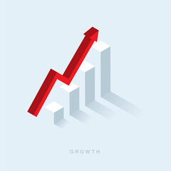 Growth or increase design concept. Graph bar growing up and red arrow moving up. Success achievement or goal business motivation. Infographic elements 3d dimension isometric vector illustration